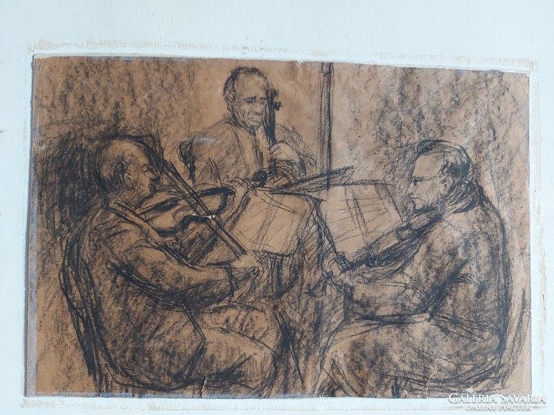 Unsigned pencil or charcoal drawing - string trio - very detailed! - 522