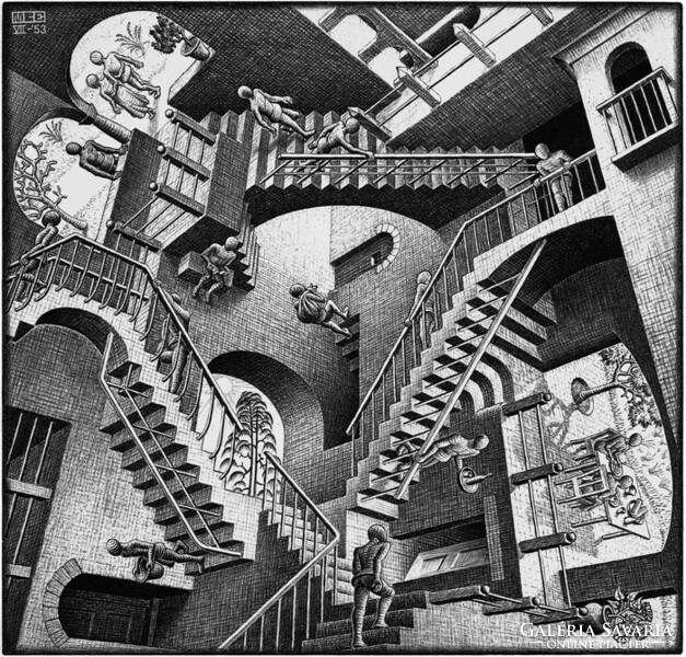 M. C. Escher graphic: relativity reprint print, stairs space game illusion 3d black and white image