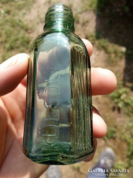 Régi, gyógyszertári, külsőleg feliratú, zöld üveg, 50 ml-es