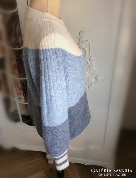 White Stuff 40-es alpaca gyapjú pulóver krémfehér-kék trikolor