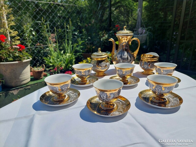 Hollóházi Szász Endre porcelán kávéskészlet arany festésű 6 személyes, sértetlen állapotban