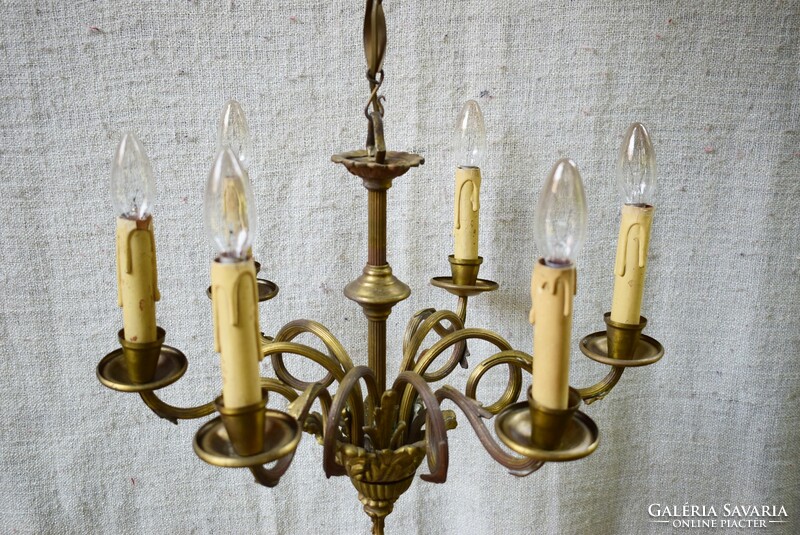 Csillár antik barokk stílusú , bronz , réz 6 karú lámpa gyertya izzó 50 x 78 cm