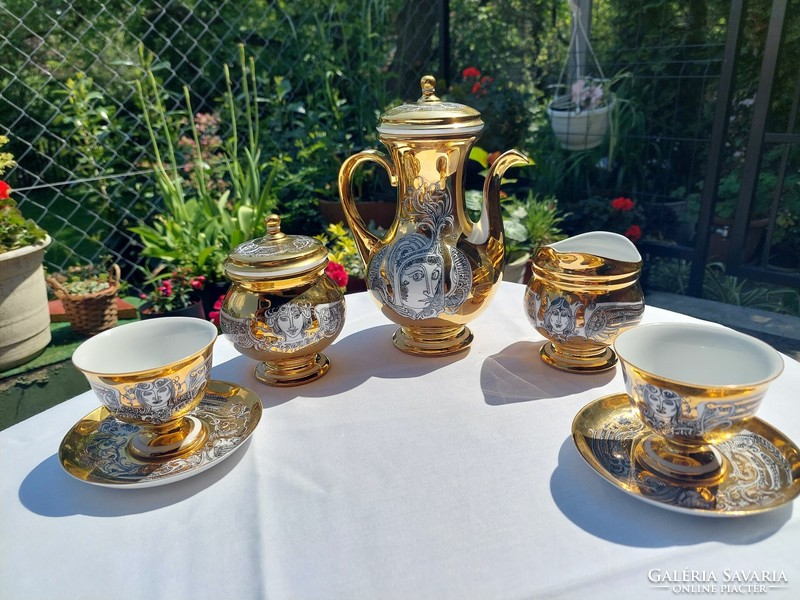 Hollóházi Saxon endre porcelain coffee set, gold-painted for 6, in undamaged condition