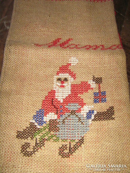 Beautiful antique woven hand-embroidered cross-stitch red-lined Santa bag