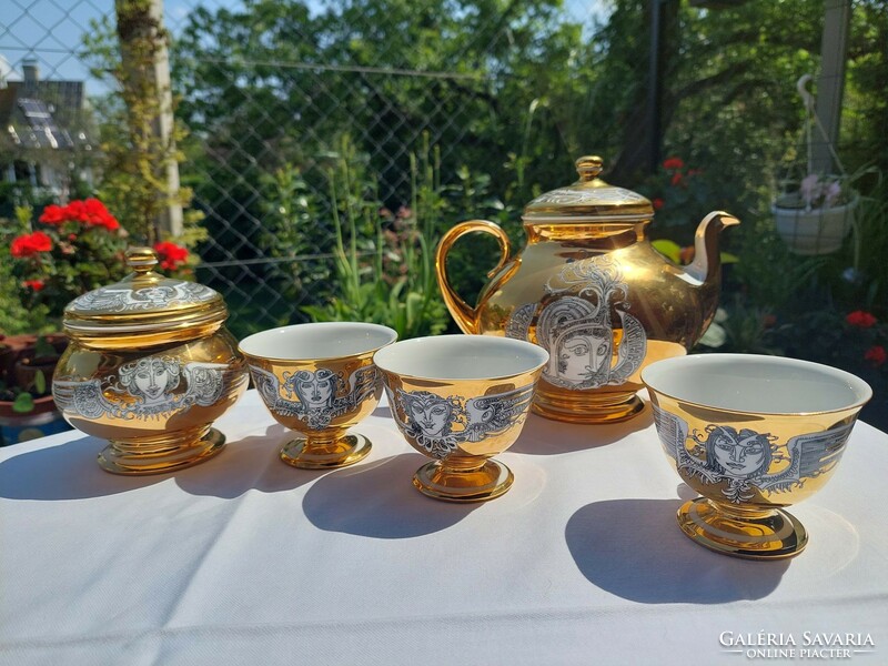 Hollóházi Szász Endre porcelán teáskészlet arany festésű
