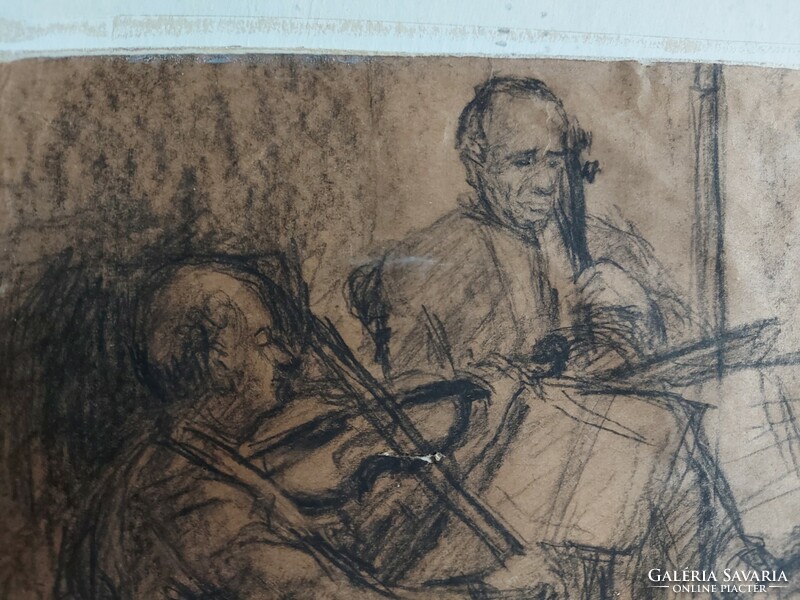Unsigned pencil or charcoal drawing - string trio - very detailed! - 522