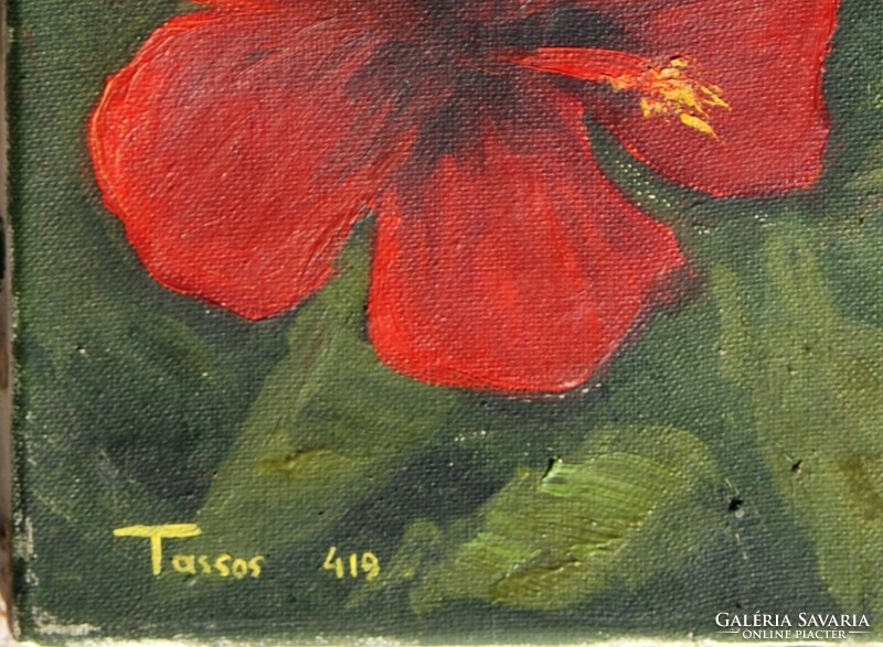 Tassos (Greek): red flowers - oil on canvas painting