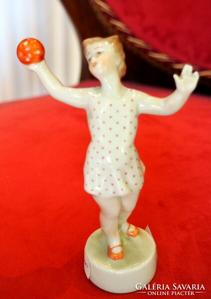 Little girl with a polka dot ball - Zsolnay figure
