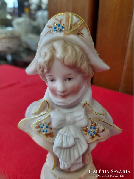 Német,Germany ENS Volkstedt Rudolstadt Viktoriánus Teababa,Büszt Porcelán Figura.11.5 cm.