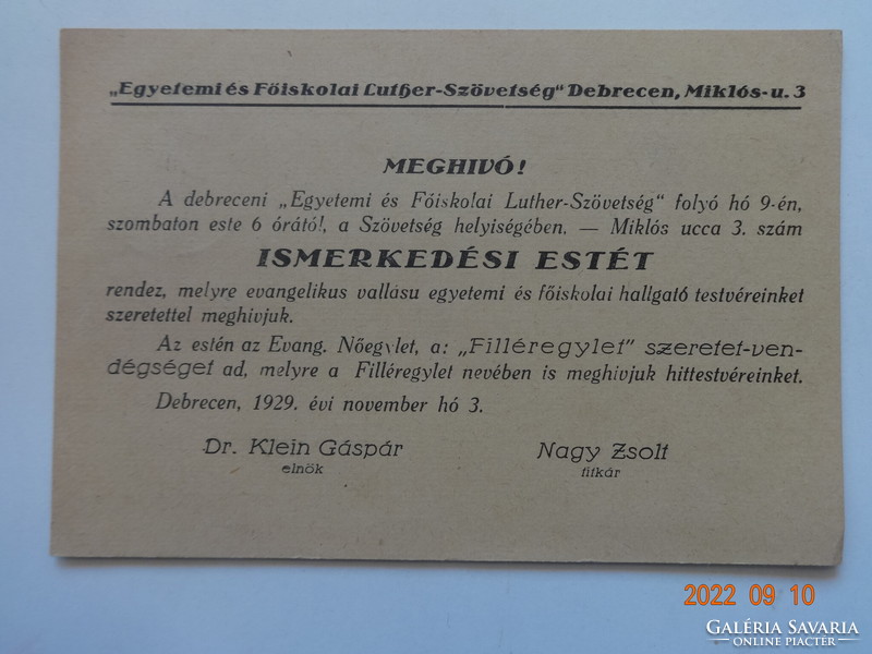 Invitation to a get-to-know-you evening (University and College Lutheran Association, Debrecen) - 1929