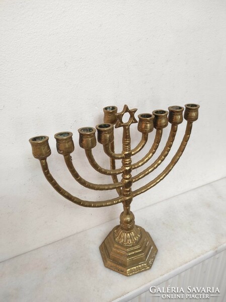 Antique Hanukkah patinated copper Jewish Hanukkah candle holder Star of David Judaica 9 branch menorah 233 7149