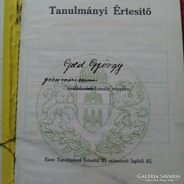 Study report (certificate), József eötvös high school, 1930s.