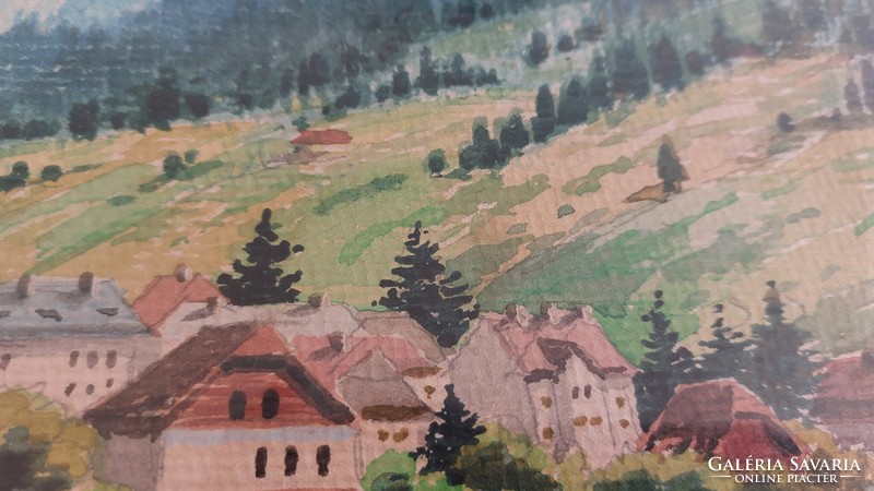 (K) Csodás akvarell festmény Hegyvidéki táj kis faluval 56x41 cm kerettel