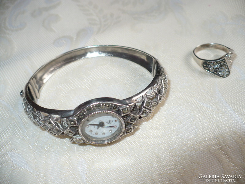 Silver watch with marcasite stones and a silver ring with marcasite stones