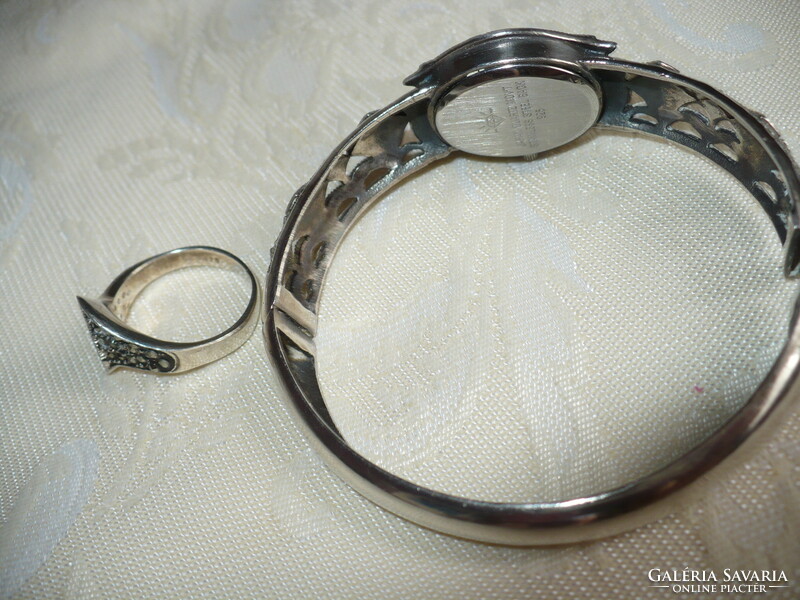 Silver watch with marcasite stones and a silver ring with marcasite stones