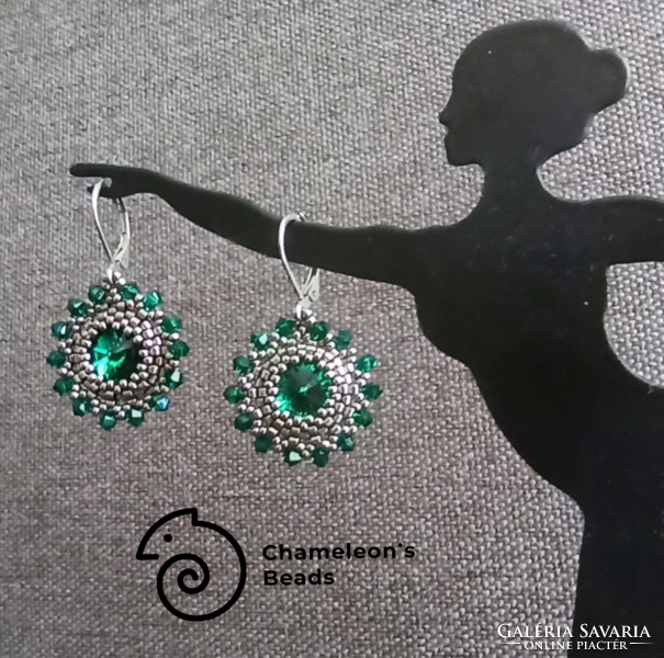 "Emerald-Steel Mandala Beading Earrings" Swarovski kristályos smaragd-acél gyöngyfűzött fülbevaló