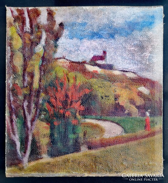 Hilly landscape with a walking figure. 1910-'20s, oil painting.