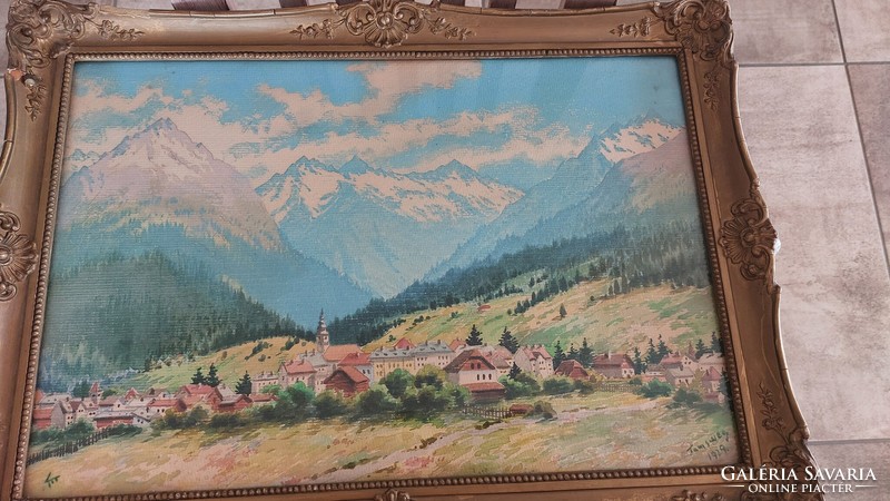 (K) Csodás akvarell festmény Hegyvidéki táj kis faluval 56x41 cm kerettel