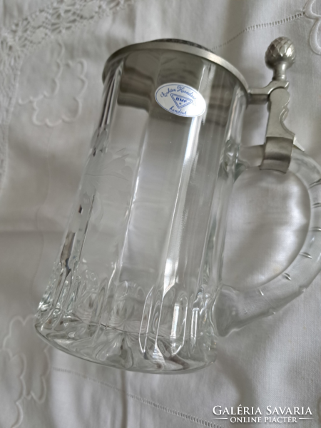 Glass beer mug with tin lid, height 17 cm.
