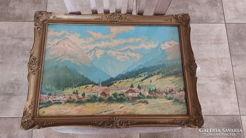 (K) wonderful watercolor painting mountain landscape with small village 56x41 cm frame