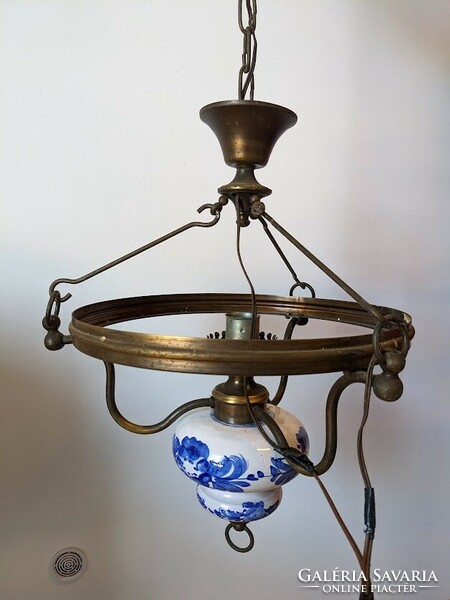 Antique chandelier lamp, chandelier made of brass, with a hand-painted porcelain base