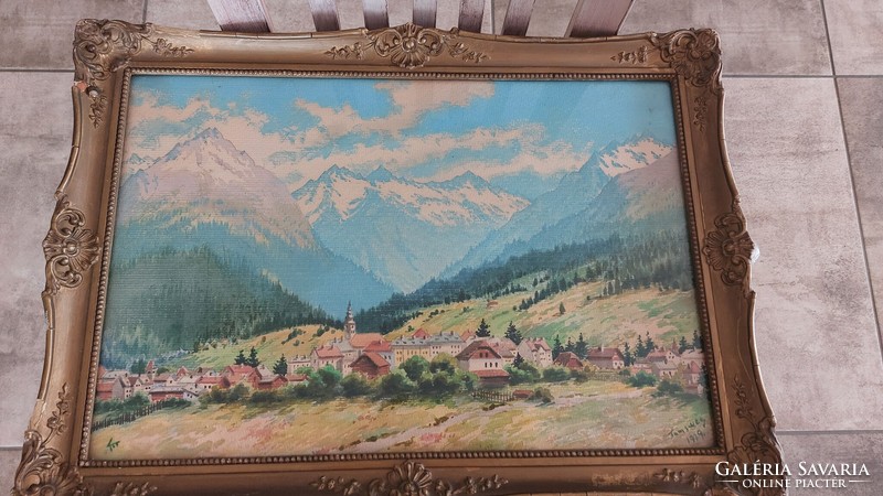 (K) wonderful watercolor painting mountain landscape with small village 56x41 cm frame