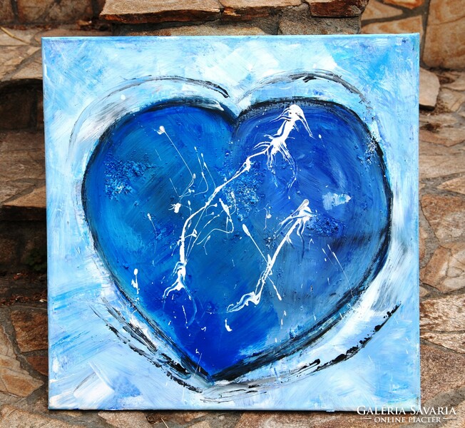 Contemporary artist: the blue heart - oil on canvas painting