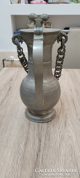 Pewter cup, jug. With ram's head and acorn. Large size 28 cm.