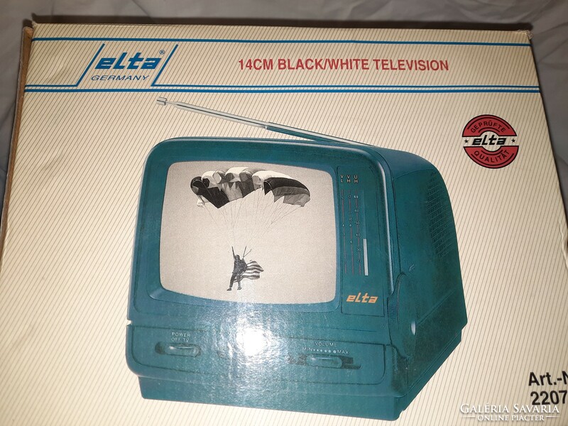 Retro mini portable black and white TV in original box with papers. Elta 2207