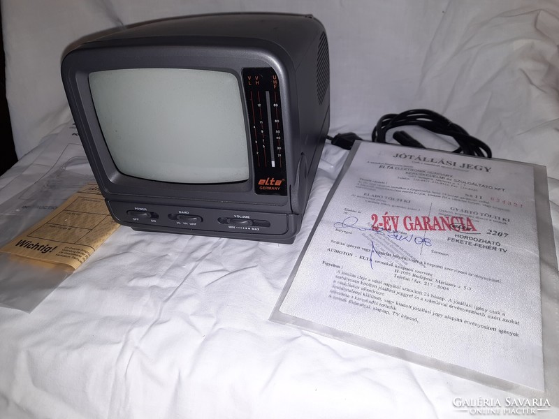 Retro mini portable black and white TV in original box with papers. Elta 2207