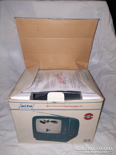 Retro mini portable black and white TV in original box with papers. Elta 2207