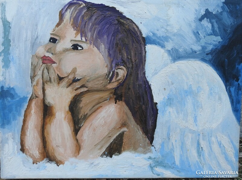Little angel - putto - oil / canvas painting
