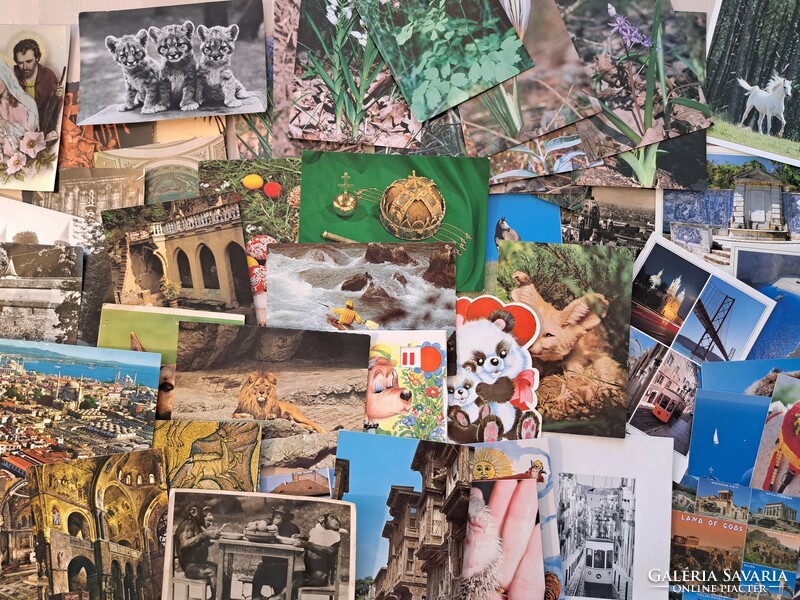 57 db postatiszta retró képeslap, üdvözlő lap, állatok, városok, Budapest, Húsvét, művész
