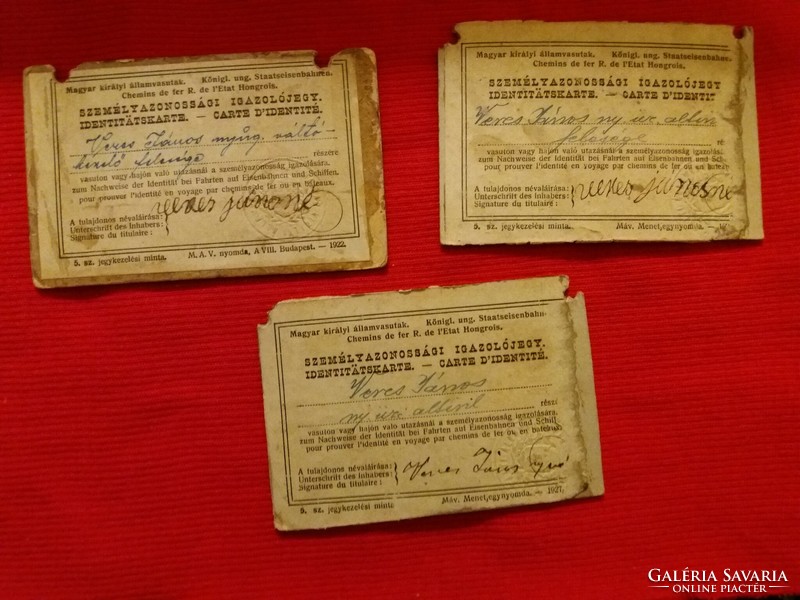 1922 - 1927 .Antique mauve portrait hardboard ID cards of János Veres and his wife, 3 in one according to pictures