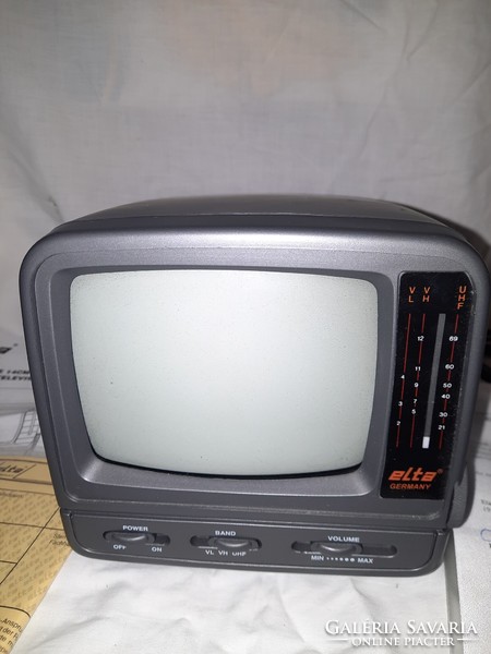 Retro mini portable black and white TV in original box with papers. Elta 2207