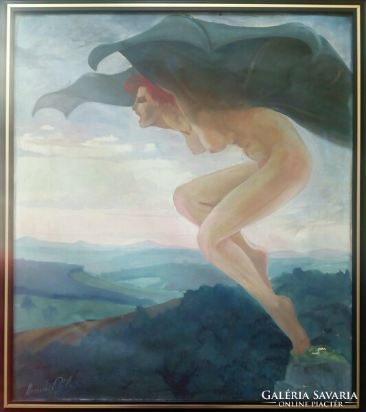 Flying winged woman figure oil on canvas painting