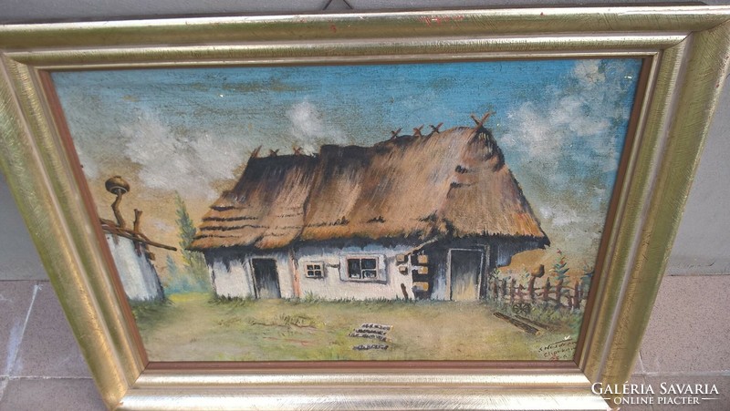 (K) Régi festmény tanyarészlet vászon 45x32 cm kerettel