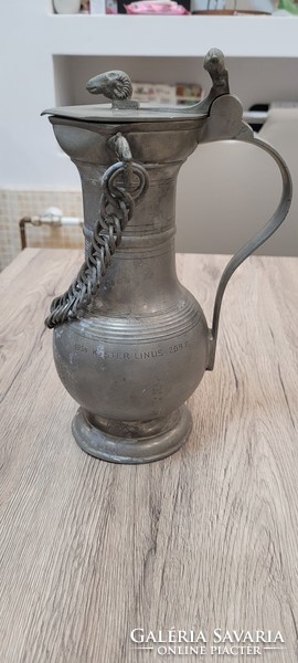 Pewter cup, jug. With ram's head and acorn. Large size 28 cm.
