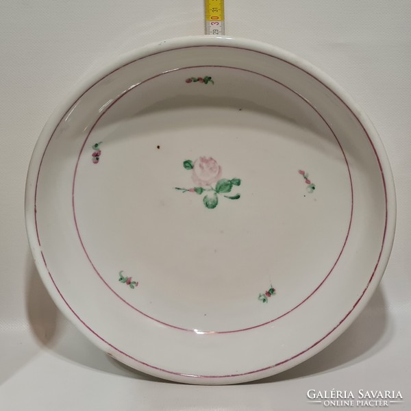 Marked, rose-patterned, purple-striped, white-glazed hardware side dish (2644)