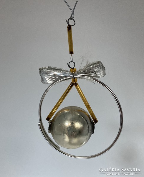 Old tapestry Christmas tree decoration, silver glass ball with bow