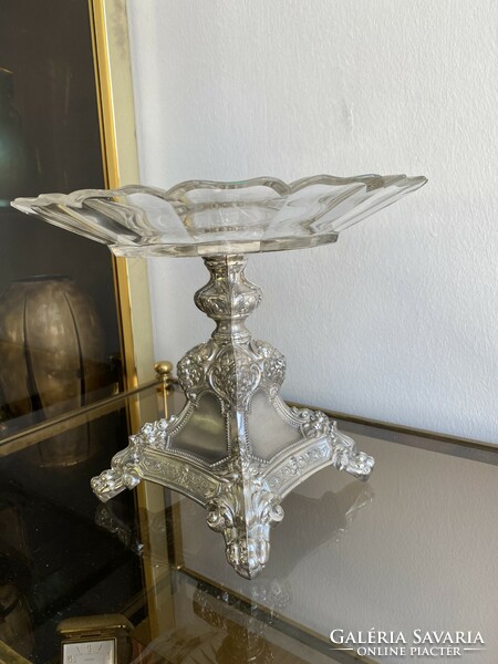 19.sz Barokk Ezüst Asztalközép Metszett Üveggel