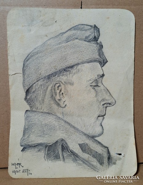 Male portrait, 1935 - graphite pencil drawing soldier portrait with squid markings