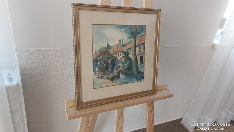 (K) Rácz szignóval akvarell életkép festmény 38x39 cm kerettel