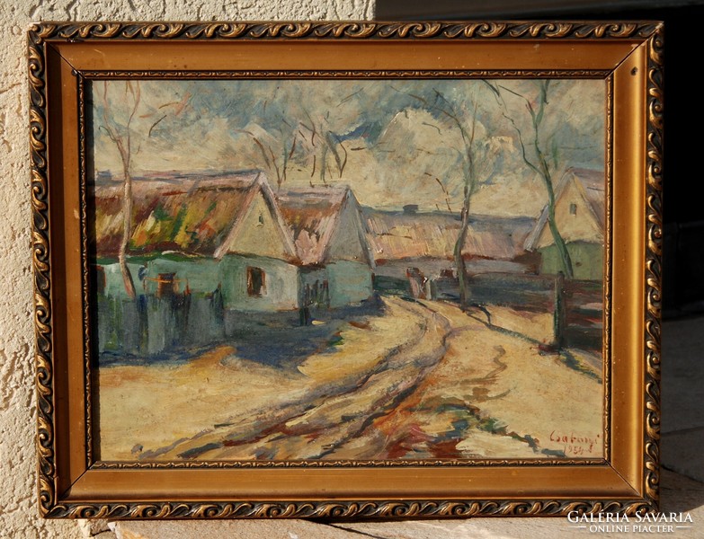 Csabonyi: street section with thatched houses, 1954 - oil painting, framed