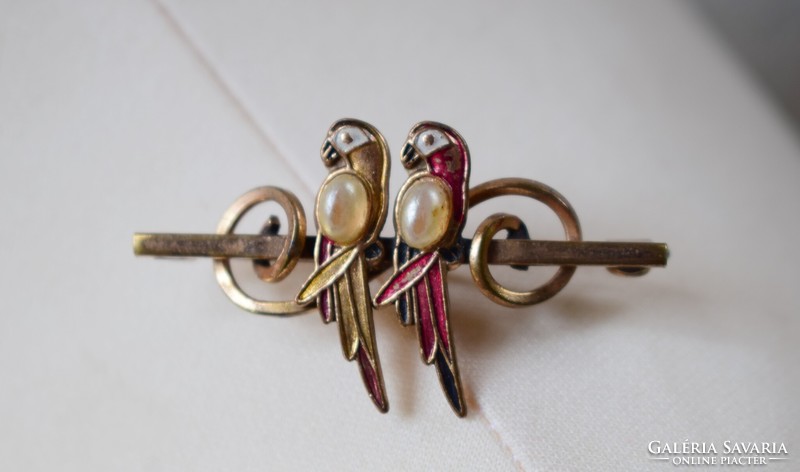 Old bizsu jewelry brooch brooch parrot pair 4.2 x 2.6 cm