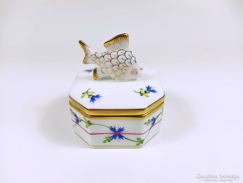 Herendi, blue garland pbg pattern jewelry box with fish catch, hand painted porcelain, flawless (h126)