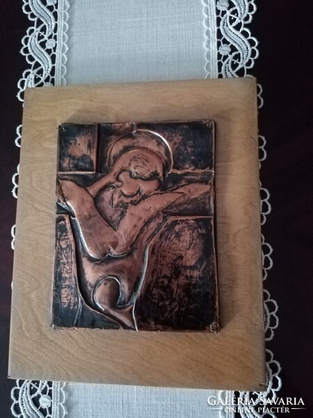 Old applied arts red copper relief - wall picture on a wooden board