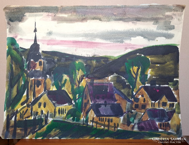 Saxony - mountain town skyline - Schellenberg at Augustusburg - German watercolor