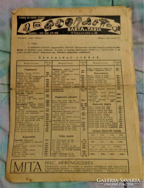 Bélyeges "Villany és rádió cikkek" 1947/ Barta és társa - korabeli árlista/