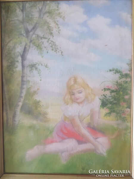 Girl on a spring meadow, flawless painting, in original glazed frame, 48 x 36 cm